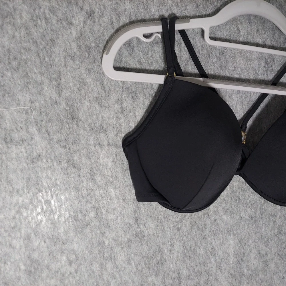 Victorias Secret Bikini Top 34D Black Push Up Wired Glam Rhinestone Logo Strappy